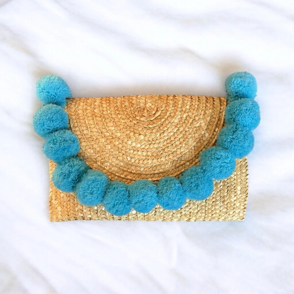 SHIRALEAH Fortuna Turquoise Teal Pom Pom Clutch Purse Chicago Envelope Bag Straw